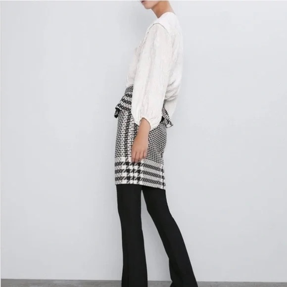 Zara Womens Skirt Black White Plaid Ruffled Pencil Houndstooth NWT - Picture 4 of 14